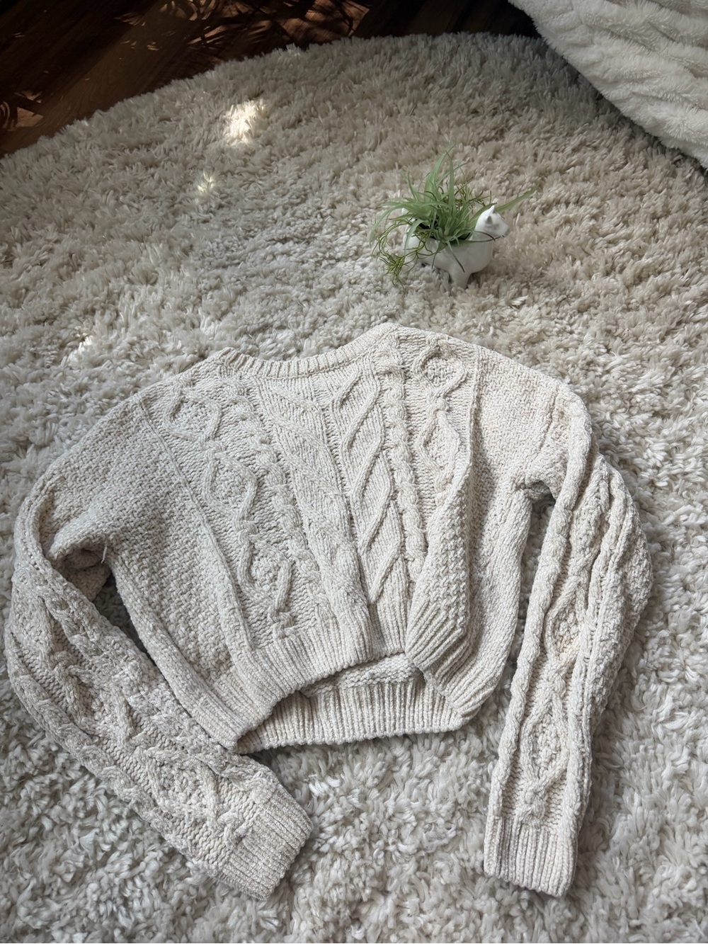 Love Tree Neutral Cream Cable Knit trendy soft women’s Cropped Crew Sweater